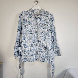 Rachel Zoe Womens Blue White Jungle Print Linen Button-Up Belted Shirt Large New